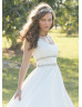 Ivory Satin Scoop Neckline Cap Sleeves V Back Beaded Wedding Dress